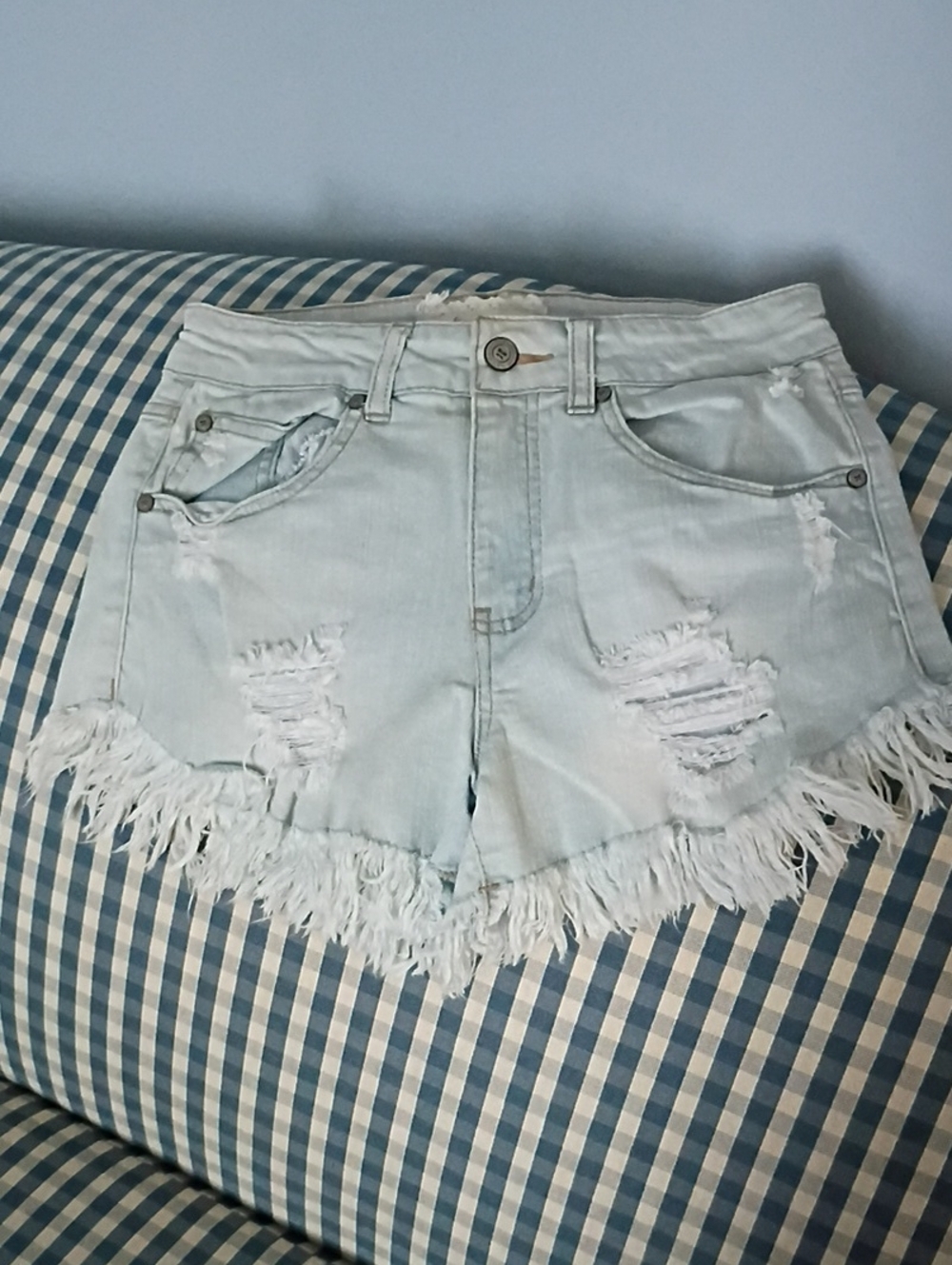 Altar'd State Light Blue Distressed Fringe Denim Shorts